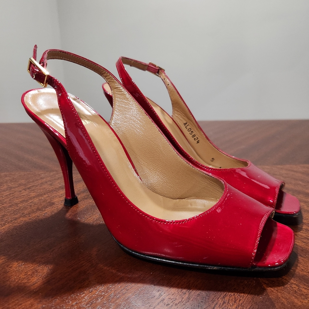 Stuart Weitzman Red Patent Leather Slingback Peep-Toe Pumps - Size 5 US